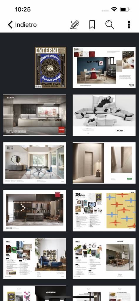 INTERNI - INTERNIアプリ内の高級イタリアンインテリアデザインと家具を特徴とする雑誌ページのサムネイルグリッド
