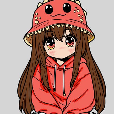 girl with anime shaped eyes with a dinosaur bucket hat oversized sweatshirt long straight hair