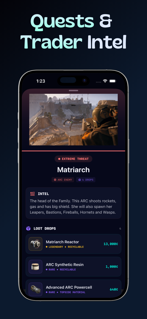 Raiders Map & Live Events - Screenshot of the RAIDEX app showing enemy intel for the Matriarch with loot drop details and rarity levels