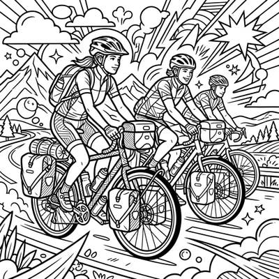 Experience the open road and the joy of long-distance cycling with this dynamic Pop Art coloring page. Join three intrepid touring cyclists as they embark on an unforgettable adventure through scenic landscapes.