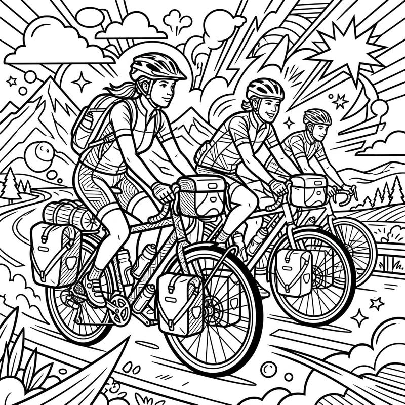 Experience the open road and the joy of long-distance cycling with this dynamic Pop Art coloring page. Join three intrepid touring cyclists as they embark on an unforgettable adventure through scenic landscapes.