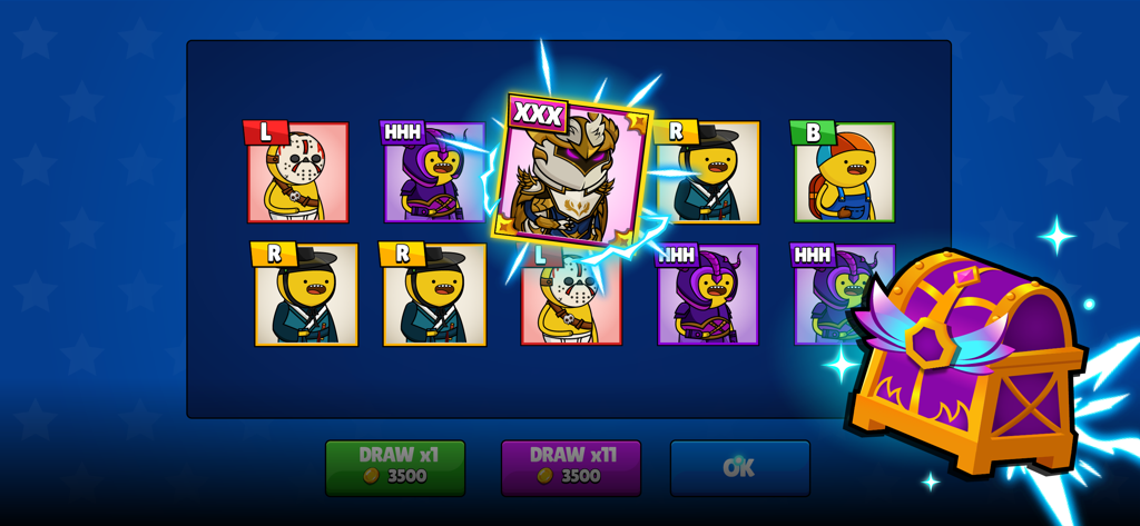 Pantalla de extracción de caja de botín en Mr Hero Idle RPG mostrando cartas de personaje y recompensas