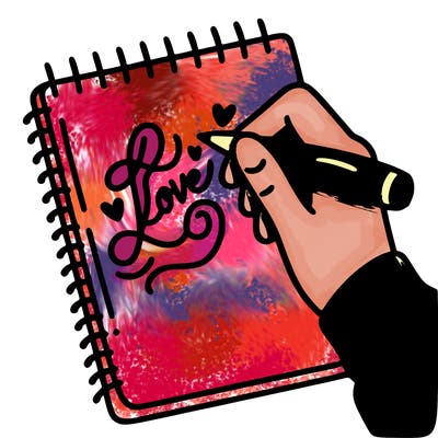 a hand writing “love” in calligraphy on a notebook