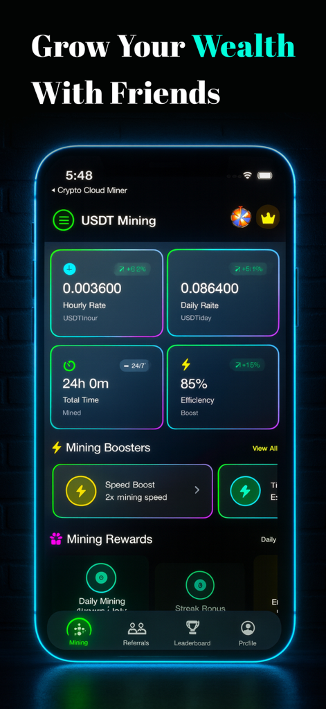 USDT Mining - Crypto Miner - Panel de la aplicación USDT Mining que muestra las tasas de minería simuladas, el tiempo transcurrido, los potenciadores de eficiencia y las recompensas diarias en una interfaz de modo oscuro de neón.