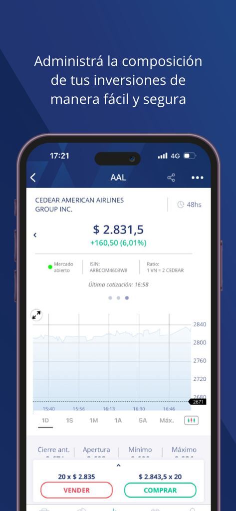 Balanz - Balanz investment app interface displaying a stock market chart for American Airlines CEDEAR.