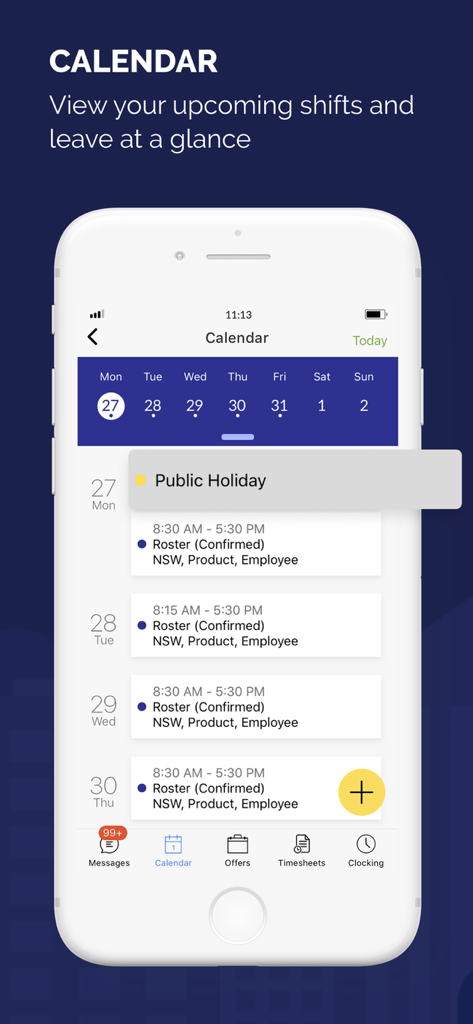 Humanforce (Legacy) - Humanforce legacy mobile app screen showing a calendar view with confirmed work rosters and upcoming public holidays