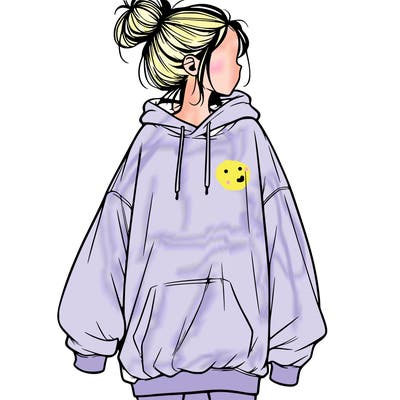 realistic girl with a oversized sweatshirt on and a bun