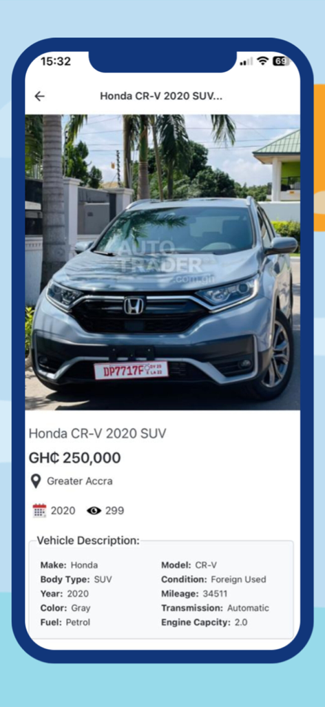 Autotrader gh - A vehicle listing for a 2020 Honda CR-V SUV on the Autotrader gh app displaying price and specifications.