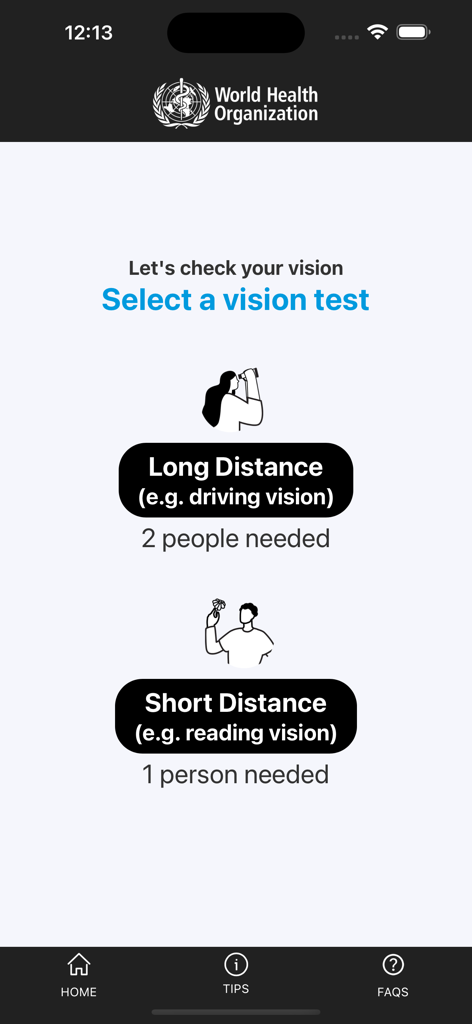 WHOeyes - WHOeyes app interface showing options to select between long distance and short distance vision tests