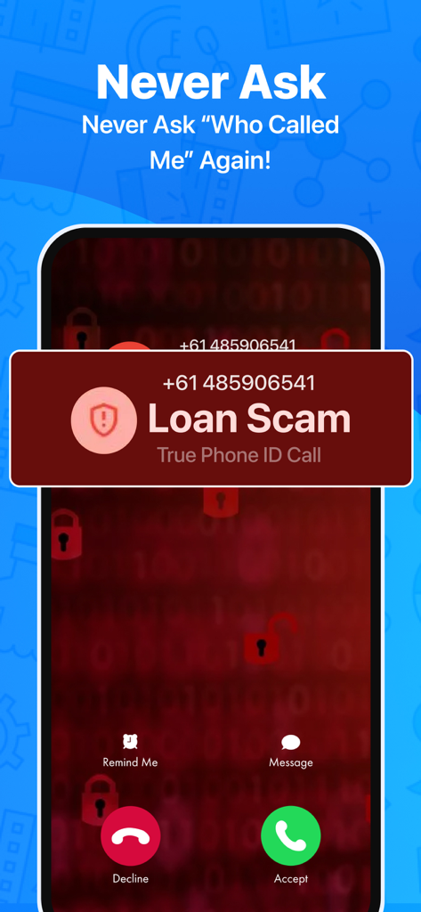 Contact Pro Desk - Incoming call interface on a smartphone screen showing a red alert banner for a loan scam call identified by Contact Pro Desk