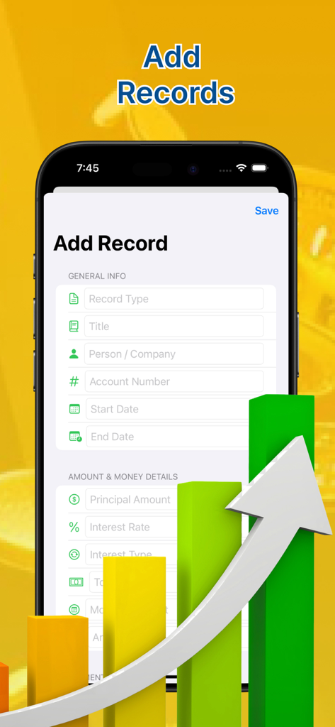 Money Spend Easy Log - Interface of the Money Spend Easy Log app showing the add record screen for tracking loans and investments.