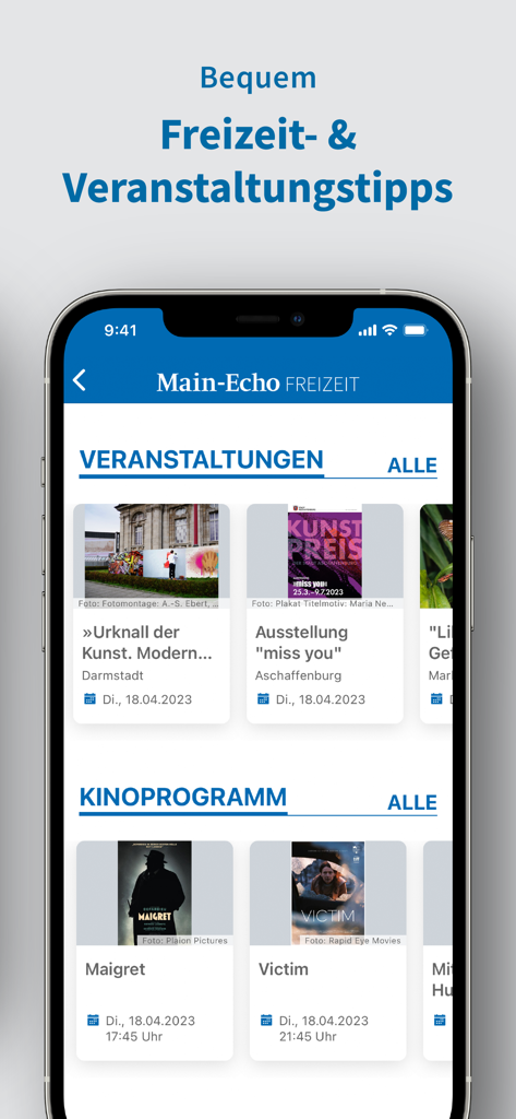 Main-Echo - Una captura de pantalla de la aplicación Main-Echo que muestra eventos locales y cartelera de cine en la región de la Baja Franconia.