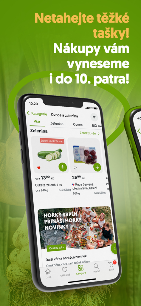 Rohlik mobile app interface showing fresh vegetables like zucchini and beetroot in the fruit and vegetable section