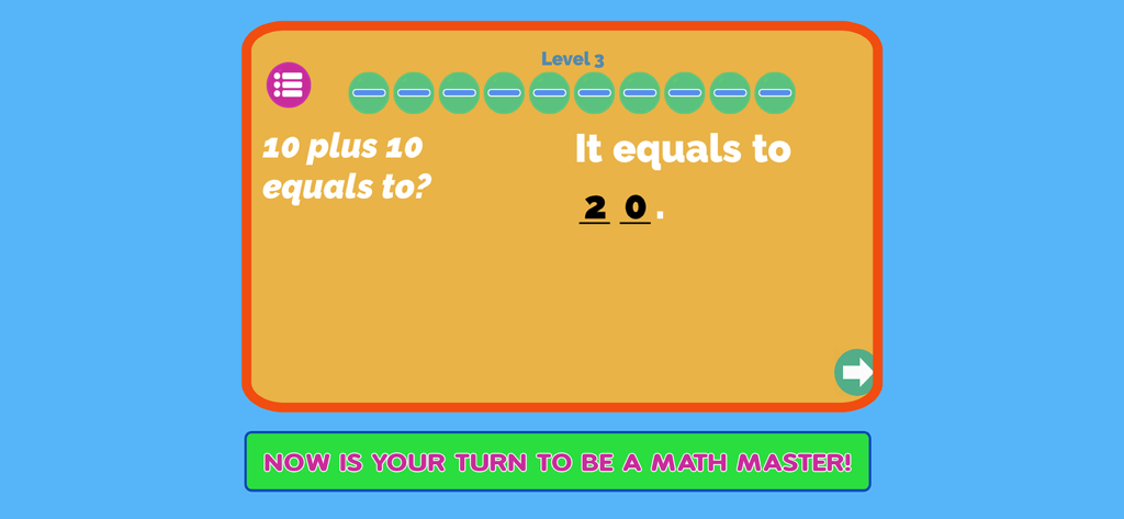 Mental math game screen showing an addition problem for children