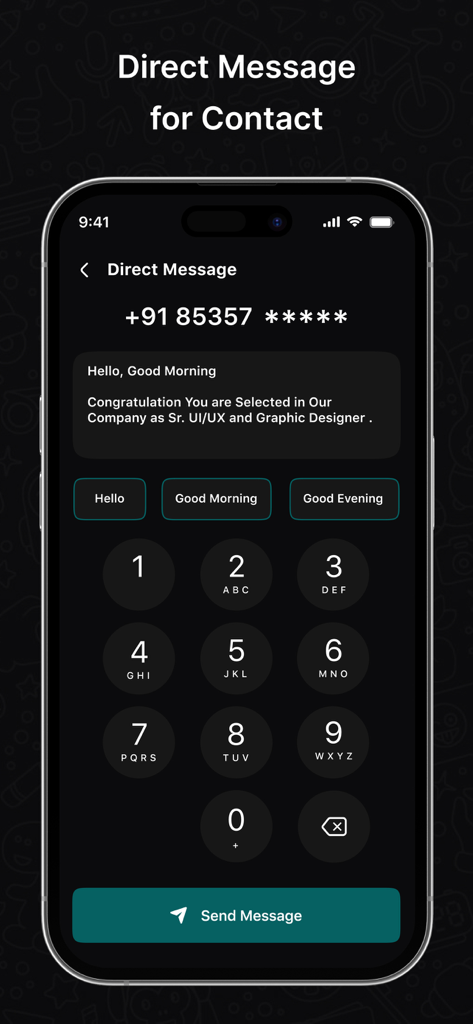 Interface para enviar mensagens diretas do WhatsApp para números não salvos com opções de resposta rápida