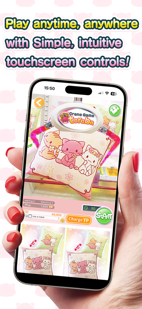 Claw Machine Game Toreba Live! - A hand holding a phone displaying the Toreba live crane game with intuitive touchscreen controls