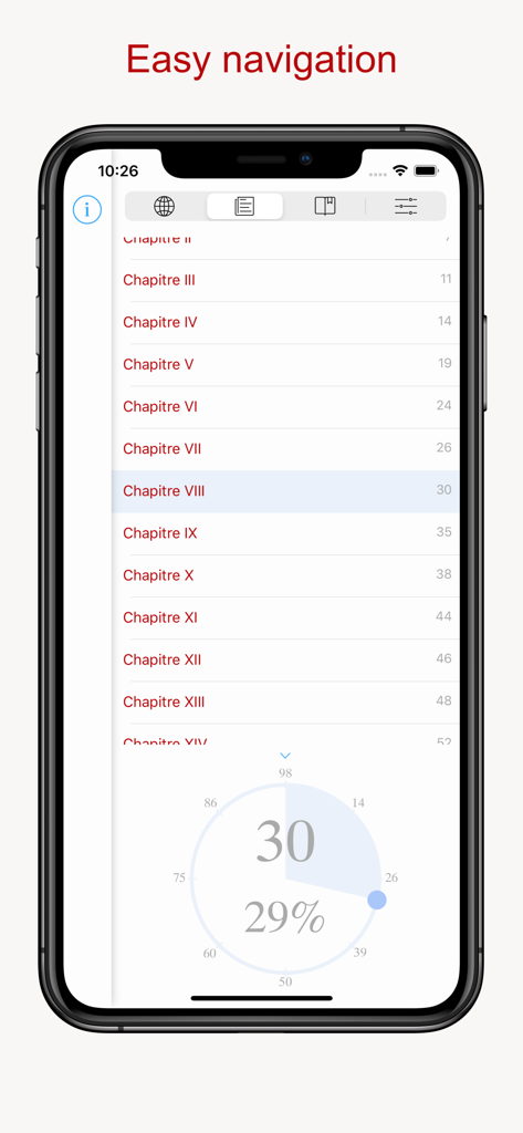 Schermata di uno smartphone che mostra un indice e il progresso di lettura all'interno dell'app Read and Learn Pro.