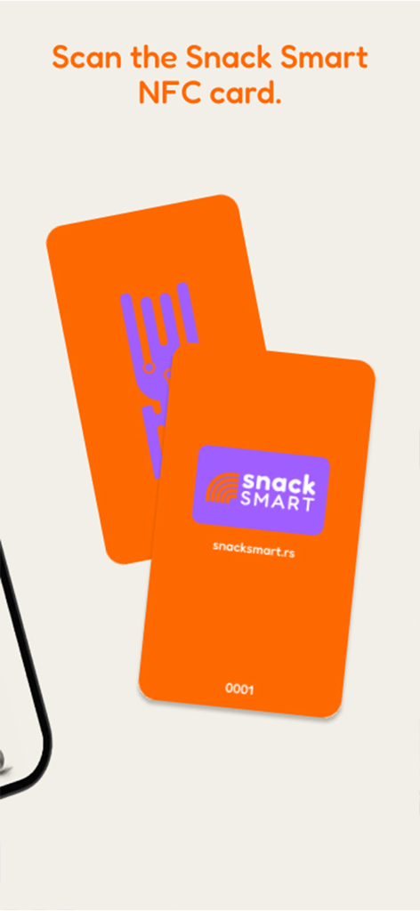 A mobile app screen showing how to scan an orange Snack Smart NFC card for healthy vending machine access