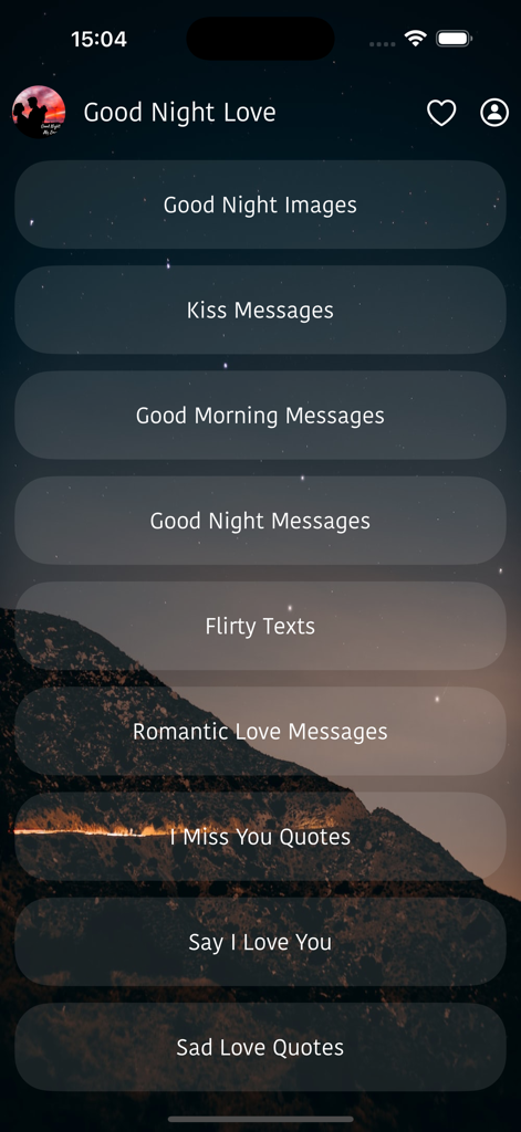 Good Night Love Messages - Pantalla del menú principal de la aplicación Mensajes de Buenas Noches de Amor mostrando varias categorías de mensajes románticos sobre un fondo de cielo nocturno estrellado