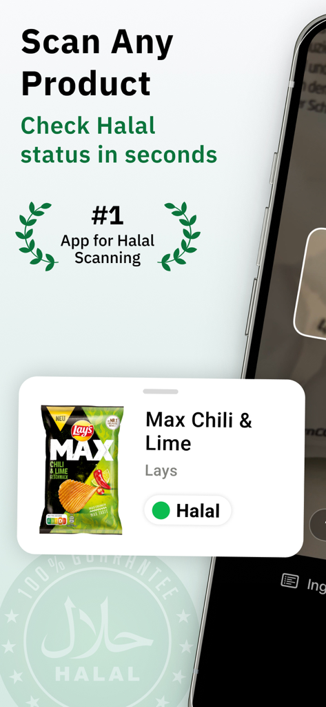 Halal Scanner - HalalScan AI - Halal Scanner app interface showing a green Halal status for a scanned snack product