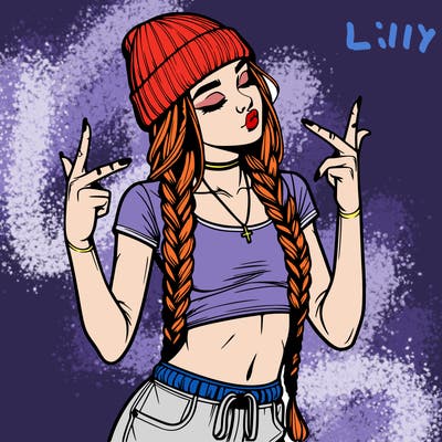 realistic teenage girl with braids and a beanie and crop top doing 🫶🏼
