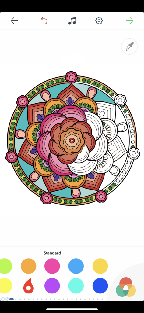 Cool Mandala Coloring Pages - Mobile app screen showing a partially colored floral mandala with a variety of bright color palettes at the bottom.