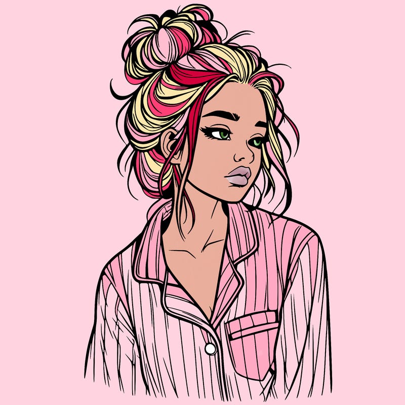 realistic woman with pajamas on and a messy bun