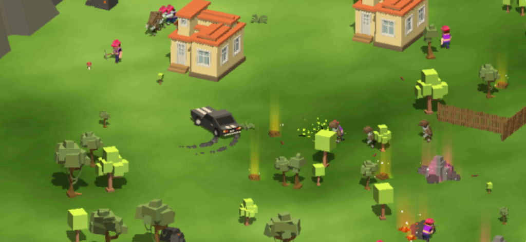 A top-down view of Super ZombieBox gameplay featuring voxel characters and houses in a green field environment