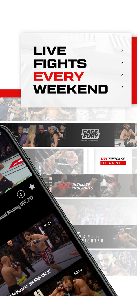 A smartphone displaying the UFC app interface with the text Live Fights Every Weekend and various fight content thumbnails