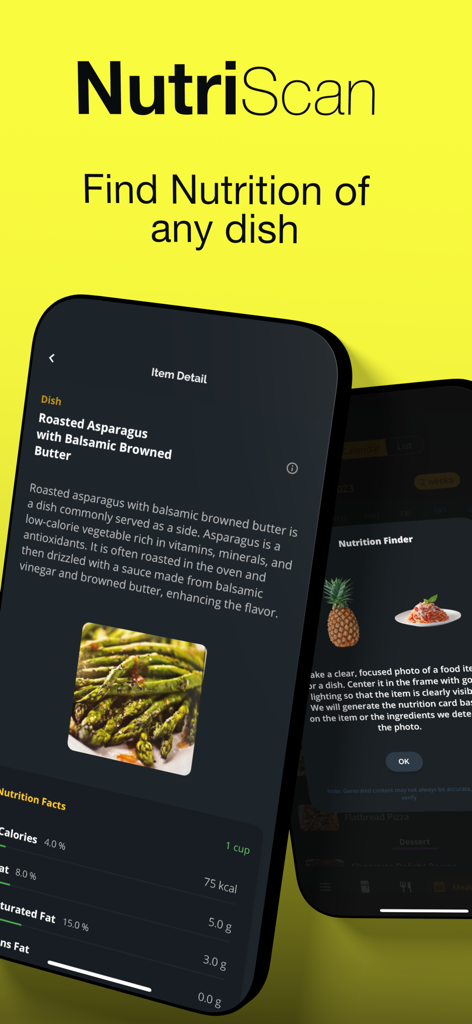 Grocery AI - Grocery AI NutriScan feature displaying detailed nutrition facts and a recipe description for roasted asparagus