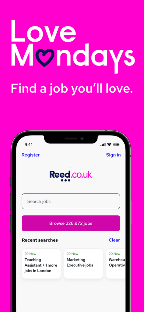 Reed.co.uk Job Search - Reed.co.uk job search app home screen with Love Mondays slogan