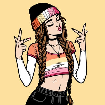 realistic teenage girl with braids and a beanie and crop top doing 🫶🏼