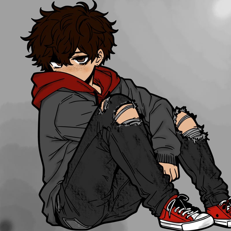a male hoddie ripped jeans messy hair anime