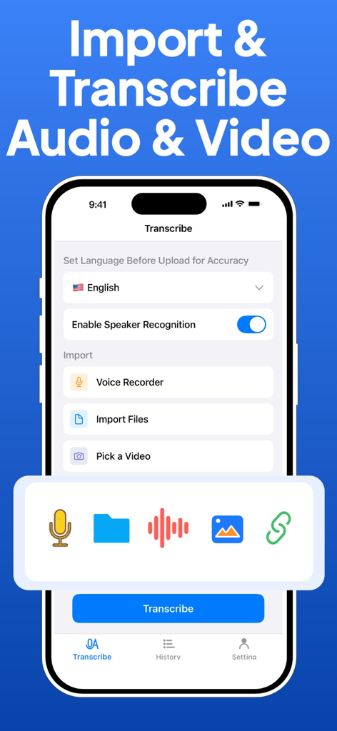 Interface do aplicativo móvel mostrando opções para importar arquivos de áudio e vídeo para transcrição por IA com reconhecimento de falante