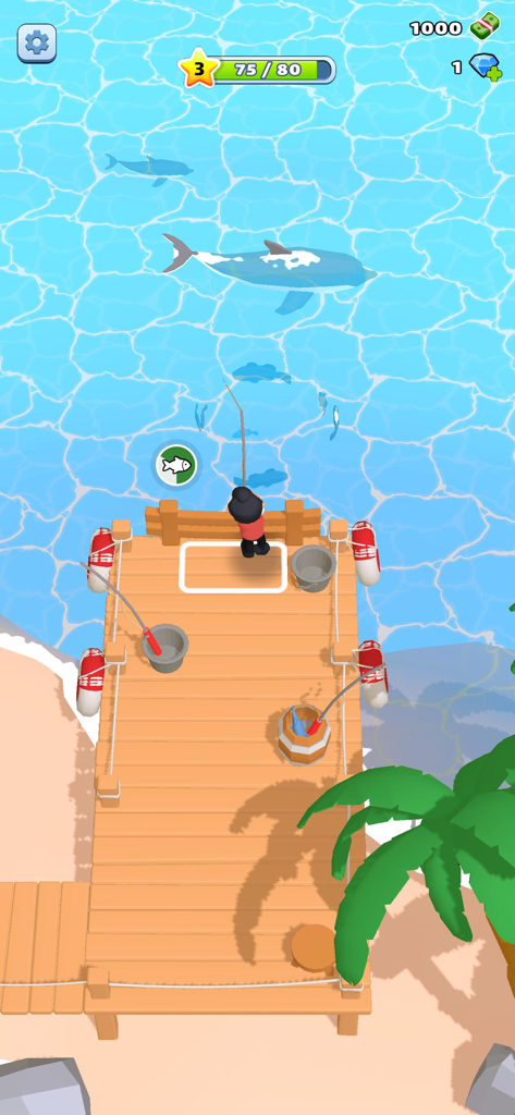 My Beach Resort! - Jugabilidad de Mi Resort de Playa mostrando a un personaje pescando desde un muelle de madera en aguas azules tropicales con delfines nadando cerca.