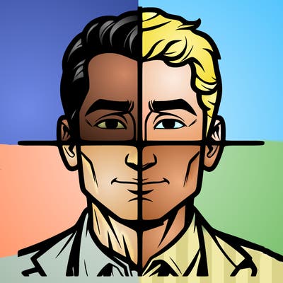 a split in 4 drawing of a man