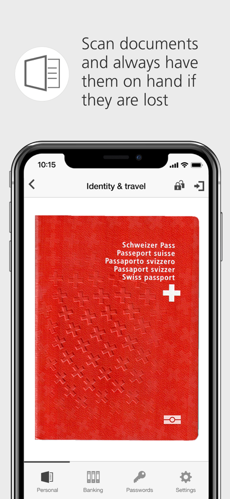 Smartphone screen displaying a scanned Swiss passport inside the UBS Safe digital security app