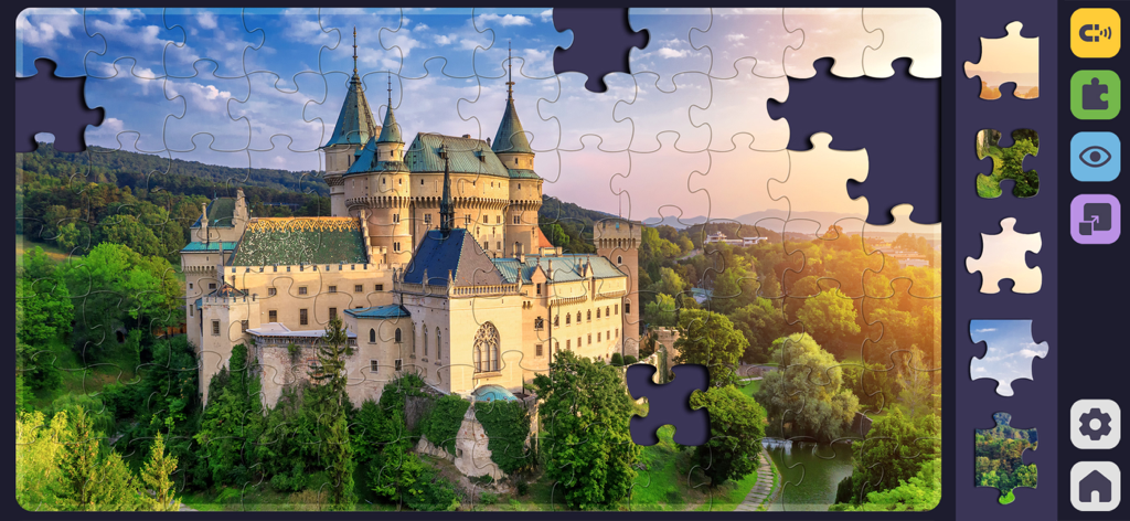 Relax Jigsaw Puzzle for Adults - Um quebra-cabeça digital de um castelo cênico sendo montado no aplicativo Relax Jigsaw Puzzle.