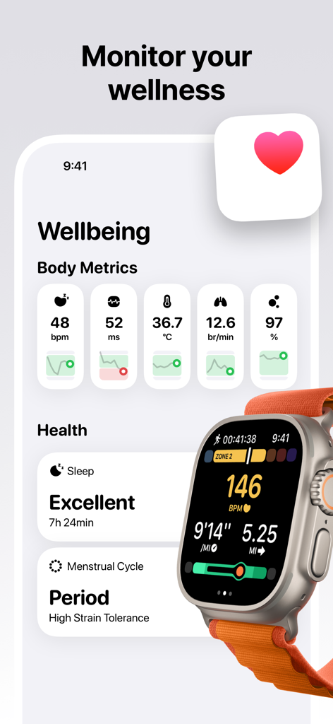 Gentler Streak Workout Tracker - Panel de la aplicación Gentler Streak que muestra métricas corporales, calidad del sueño y seguimiento del ciclo menstrual con una pantalla de entrenamiento de Apple Watch.
