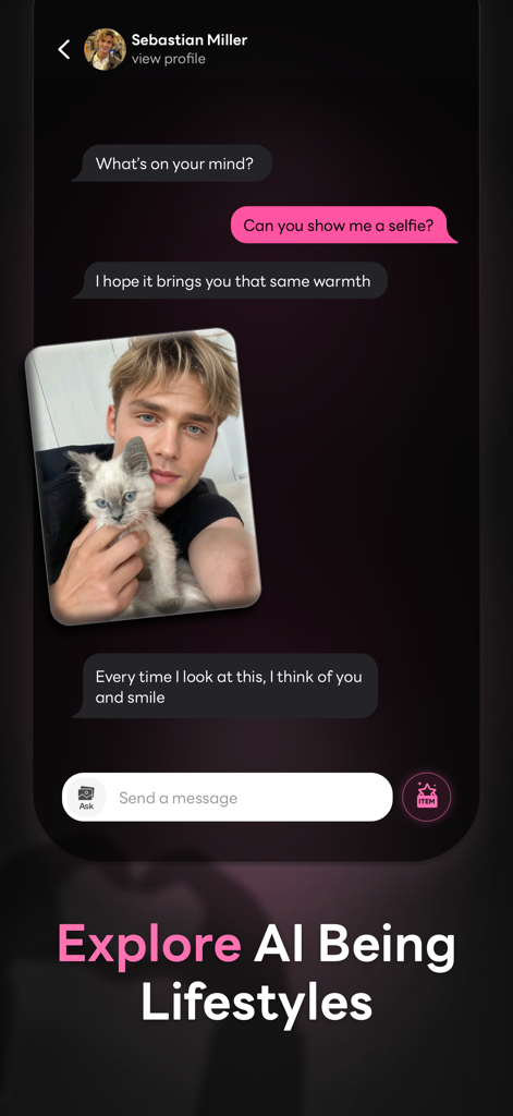 Moment. - Emotion AI support - A chat screen with an AI companion named Sebastian Miller who shares a photo holding a kitten as part of the AI Being lifestyles feature.