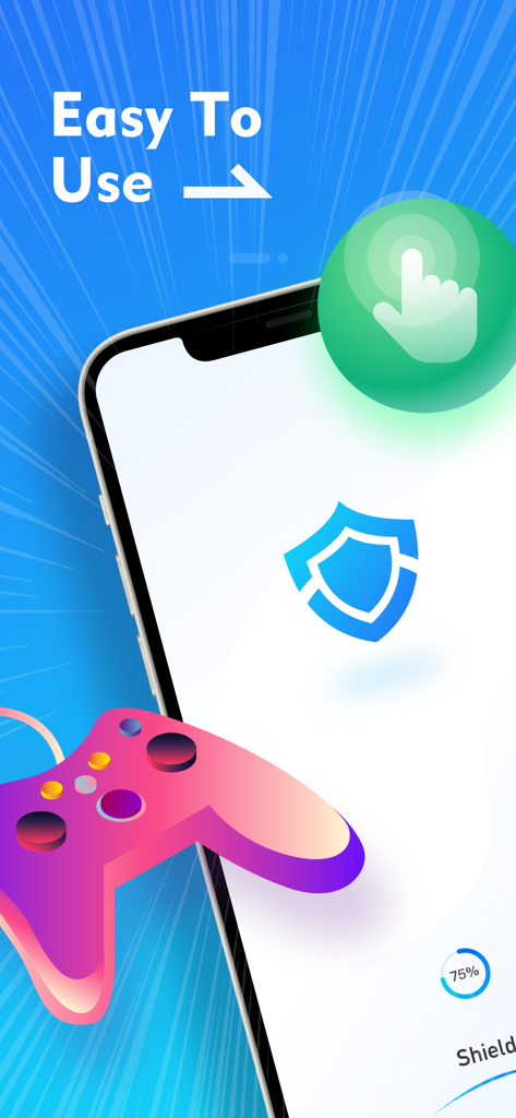 Shield - Secure Tool Fast - Shield app mobile interface showing a simple one click connection feature with a gaming controller icon