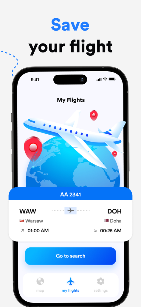 Flight Tracker - Live Radar. - La schermata I miei voli dell'app Flight Tracker che mostra un viaggio salvato da Varsavia a Doha