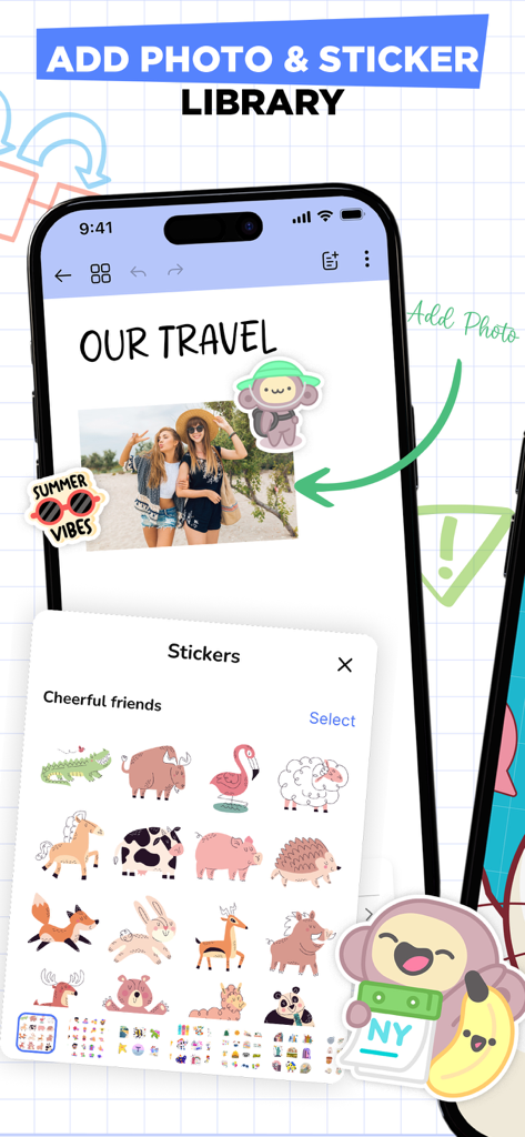 Notes: Note taking & writing - Interfaz de una aplicación de toma de notas estéticas que muestra una biblioteca de pegatinas y una entrada de diario de viaje con fotos