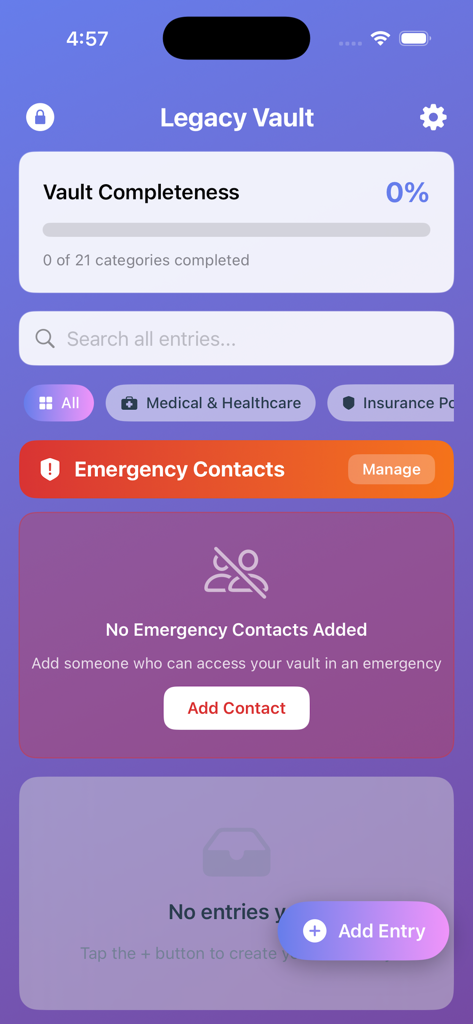 MyLegacyVault - Dashboard of the MyLegacyVault app showing vault completeness and emergency contact options