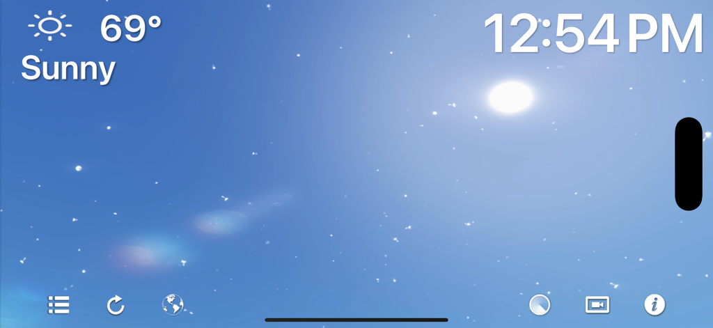 Motion Weather 4K - Ultra HD - Motion Weather 4K app showing sunny conditions at 69 degrees with a clear blue sky and time display