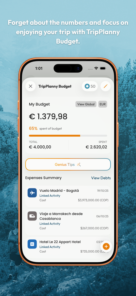 TripPlanny: Plan your trip - Interfaz de la aplicación TripPlanny que muestra el resumen del presupuesto de viaje y una lista de gastos de vuelos y hoteles.