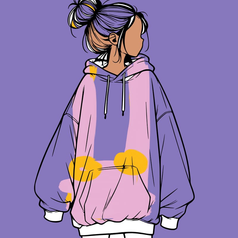 realistic girl with a oversized sweatshirt on and a bun