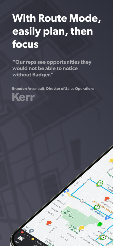 Screenshot dell'app Badger Maps che mostra la modalità itinerario e la mappatura degli account di vendita su uno smartphone
