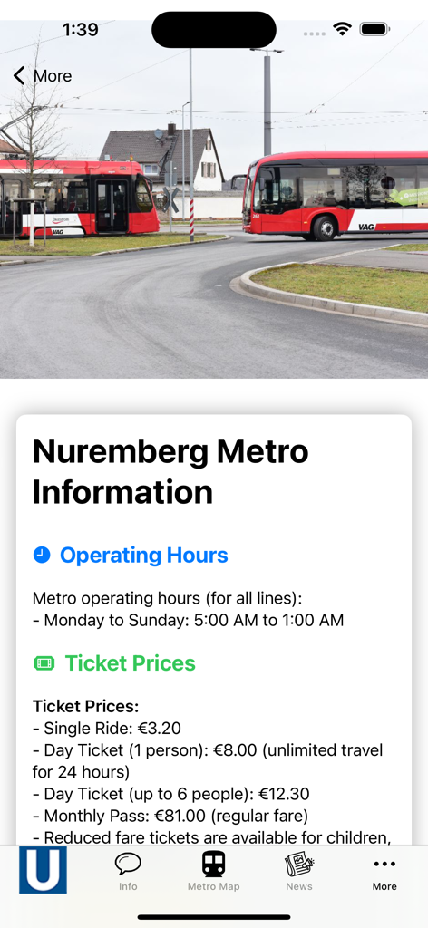 Nuremberg Subway Map - Ein Bildschirm der Nürnberg U-Bahn-Map-App, der die Betriebszeiten der U-Bahn und Ticketpreise anzeigt.