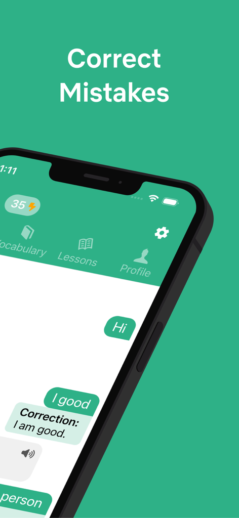 Andy English Language Learning - ボットがユーザーの文法ミスを修正するチャット画面を表示したアンディ英会話アプリのスクリーンショット